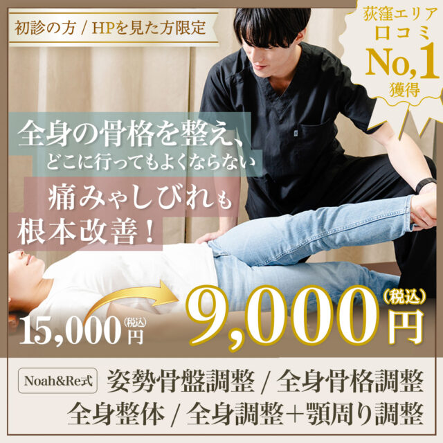 【初回限定/HPを見た方限定】姿勢骨盤調整 / 全身骨格調整 / 全身整体 / 全身調整＋顎周り調整 /全身の骨格を整え、どこに行ってもよくならない 痛みやしびれを根本改善！通常15,000円を9,000円に。